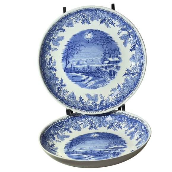 Spode Winters Eve Blue & White 9" Round Camilla Individual Pasta Bowls - Picture 3 of 11